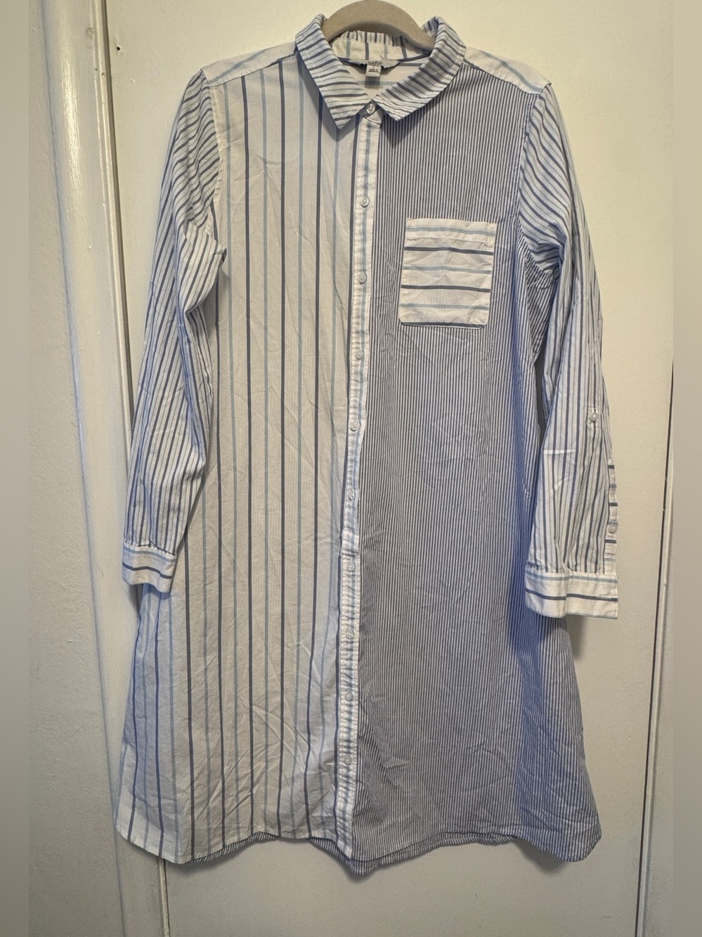 croft & barrow White and Light Blue Striped Button-Down Shirt Dress
